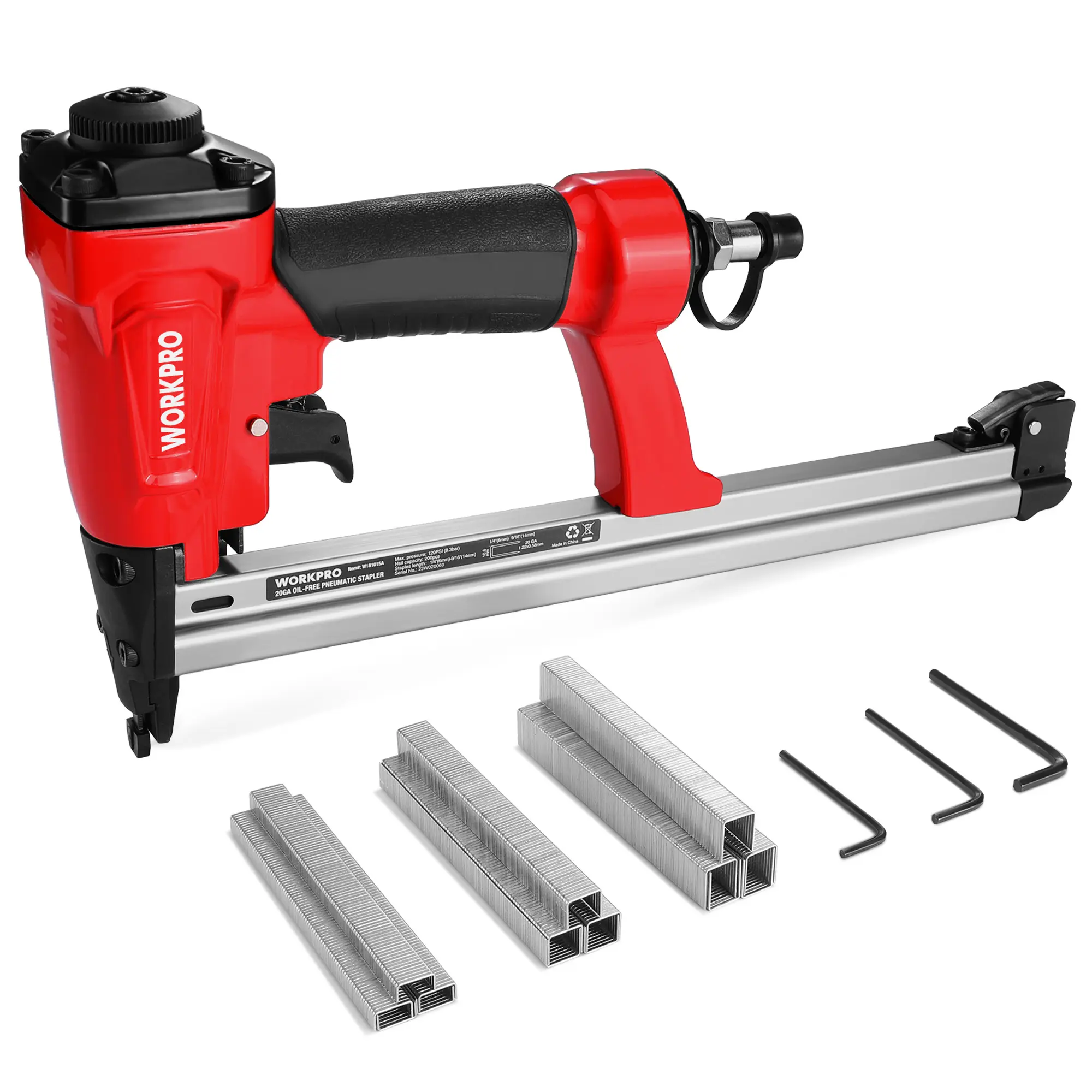 #fathersdaygift WORKPRO Pneumatic 20 Gauge Staple Gun, Oil-Free T50 Upholstery Stapler with 1260 packs 1/4" to 5/8" Staples, Extended Magazine, 200-count Staple Capacity, for Carpentry, Woodworking and DIY Projects