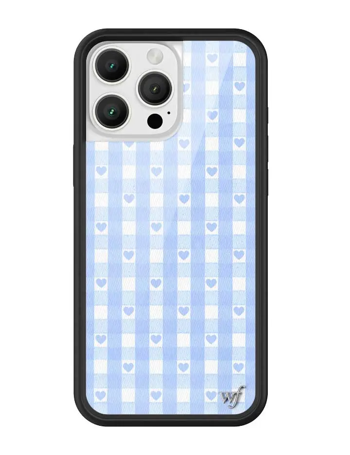 Blue Gingham Hearts | Limited Edition Trendy iPhone Case | Raised Protective Black Bumper | Women Owned Small Business | Blue and White Patchwork Vibrant Red Hearts Patchwork Plaid | Safety Casing Protective | Gift for Her