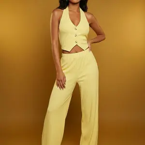 Set 2 Pieces Yellow Ribbed Halter Top & High-Waisted Pants Fashionable Outfit