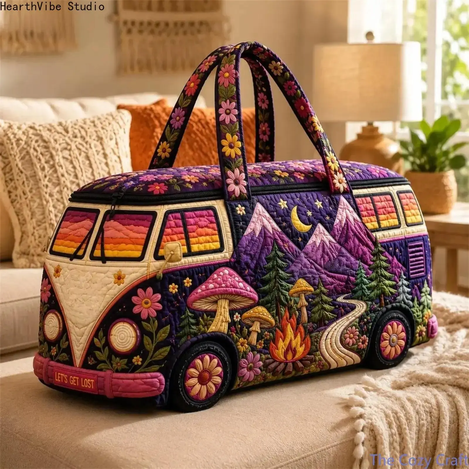 Women's Boho Purple Mushroom Quilted Duffel Bag, Large Capacity Hippie Van Weekender Tote with Gym-Style Shoulder Strap, Waterproof Overnight Bag for Camping & Road Trips, Gym-Style Shoulder Bags