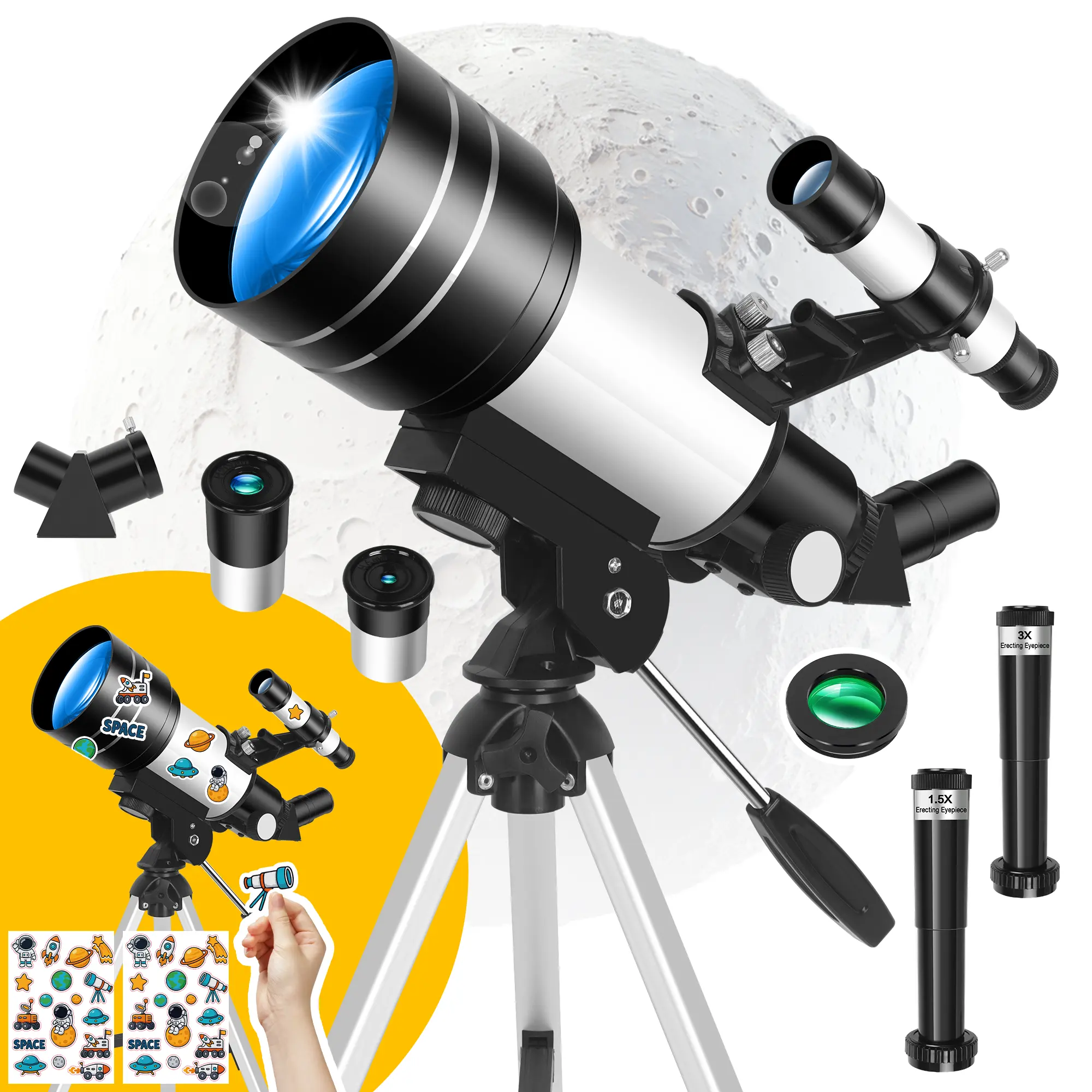 Portable Telescope for Kids & Beginners, 70mm Aperture 300mm Focal Length Large Aperture Telescope, Space-Themed Stickers for DIY Fun, STEM Gift for Kids/Adults