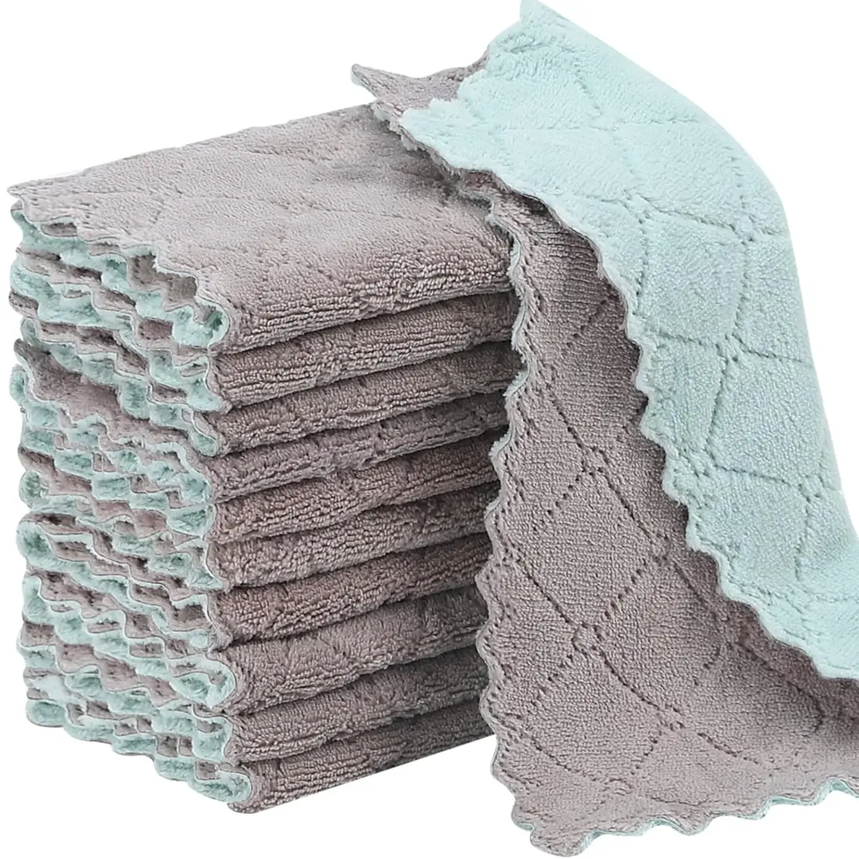 11Pack Kitchen Dish Cloths, Reusable Dish Towels, Nonstick Oil Washable Fast Drying, Super Absorbent Coral Velvet Cleaning Cloths for Mom from Daughter Son(Green-grey10 x 6")