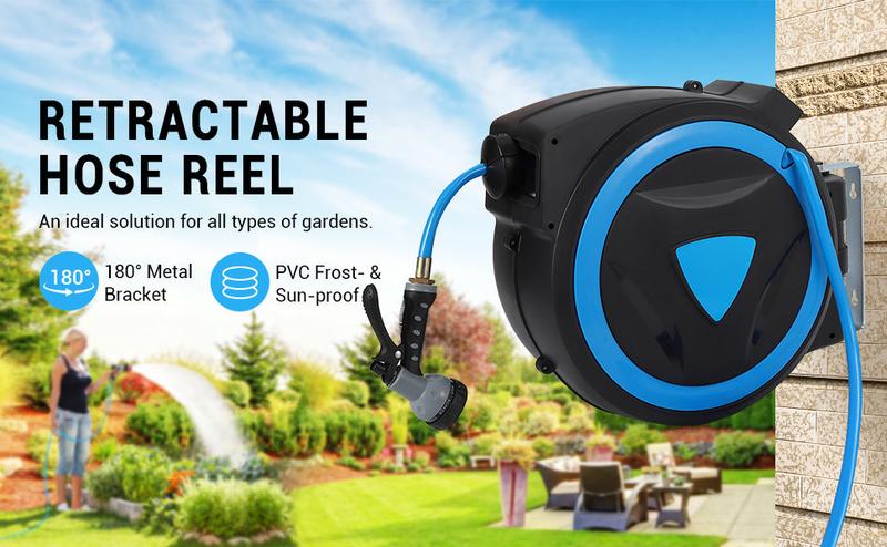 【GARVEE】Retractable Garden Hose Reel available in 65ft, 78ft, and 100ft lengths with 1/2 inch heavy-duty water hose, 9-function sprayer nozzle, slow return system, ideal for courtyards and gardens.