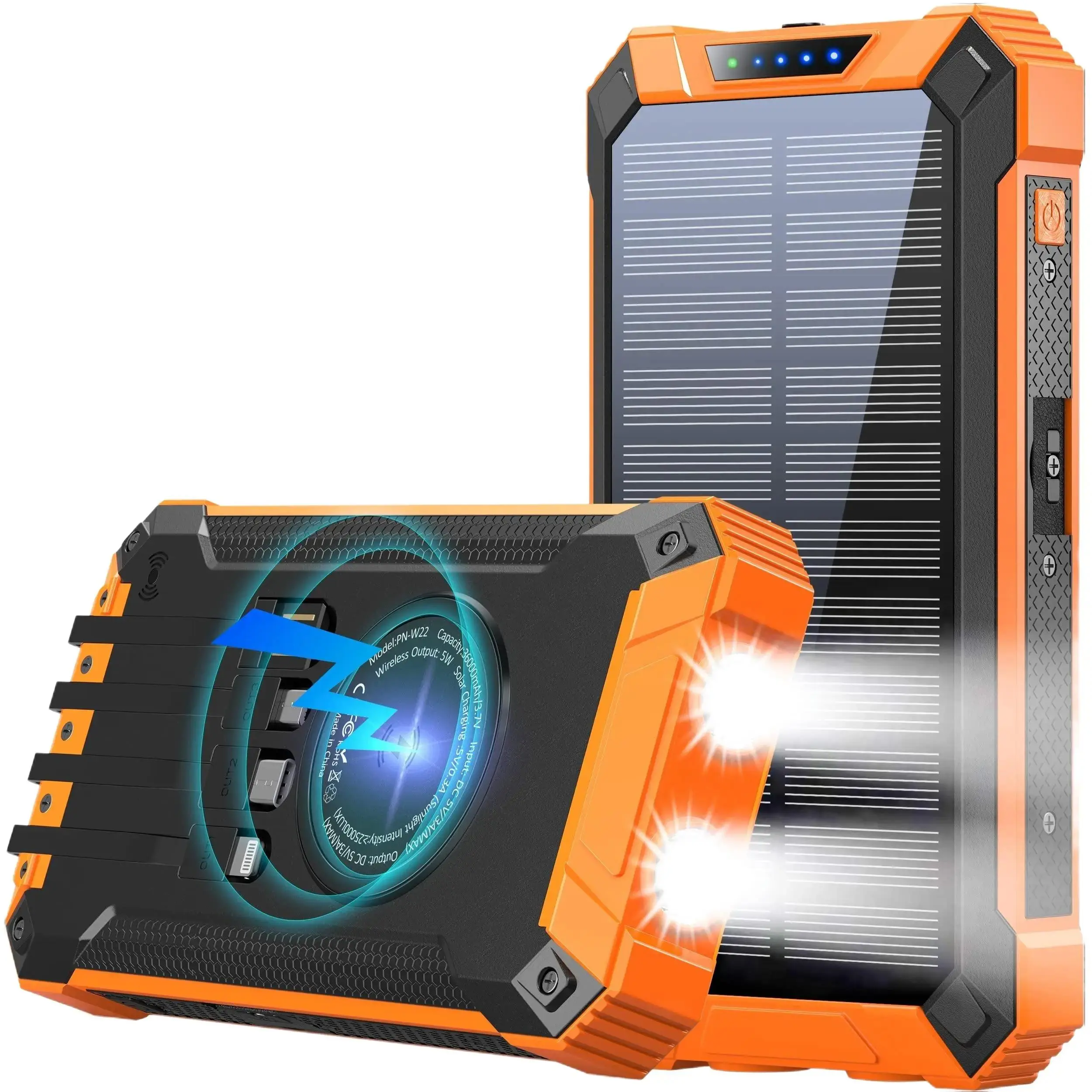 W22OR Power Bank Wireless Charger 36000mAh Built in 4 Cables Six Outputs 15W Fast Charging Power Bank for All Mobile Devices Three Inputs Solar Portable Charger with Dual Flashlights, Carabiner