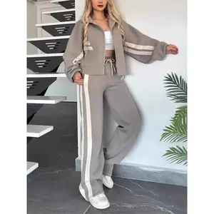 Fashion Lapel Long Sleeve Zipper Coat + Wide-leg Pants 2-piece Set Women Winter Color-blocking Loose Casual Sports Suit Female Can be used with raincoat