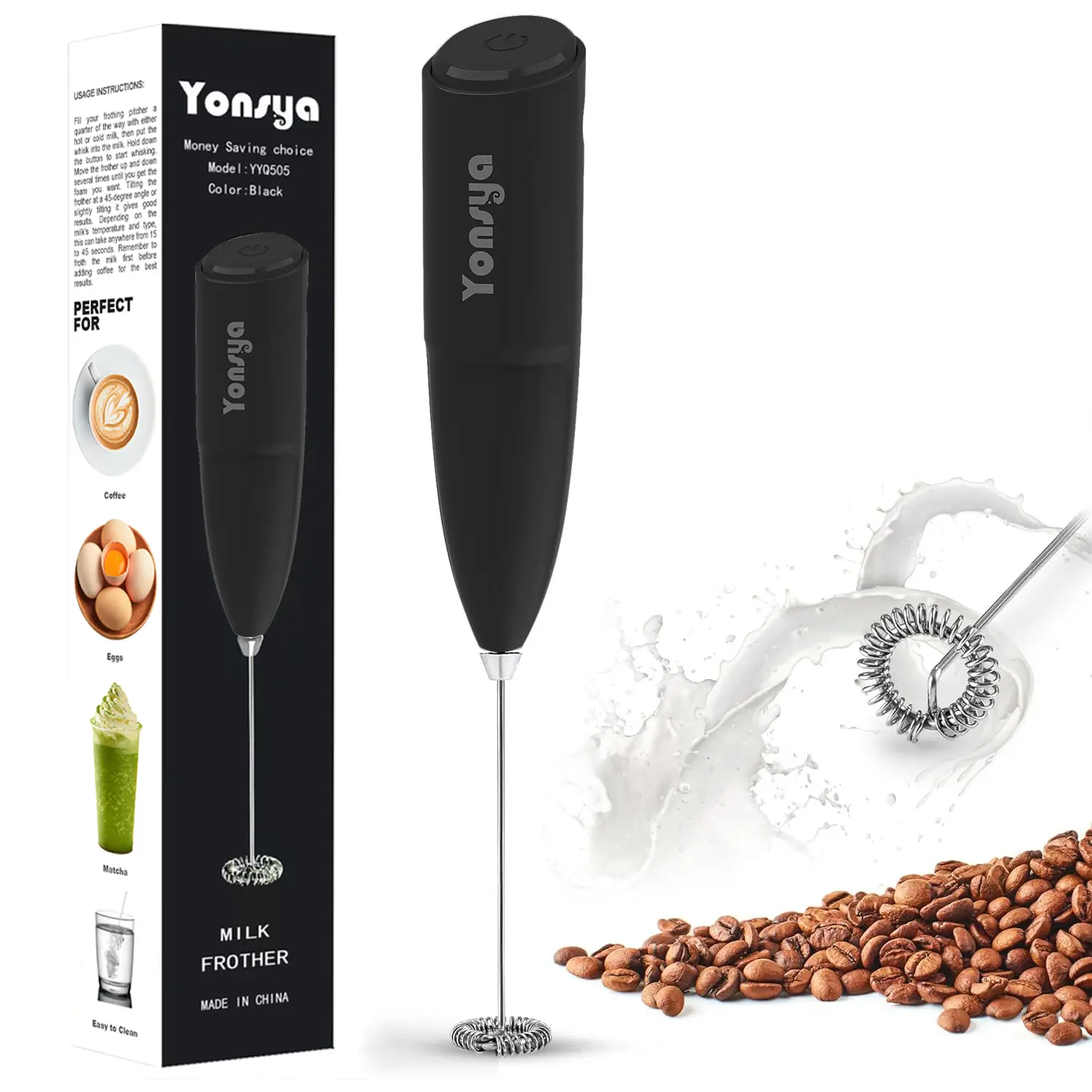 Yonsya Compact Battery-Powered Cordless Electric Milk Frother - Coffee Making Tool, Easy to Clean Home/Office Handheld Mixer, High-RPM Motor Mini Whisk for Lattes, Cappuccino, Camping Kitchen Appliance, Battery Powered Hand Mixers