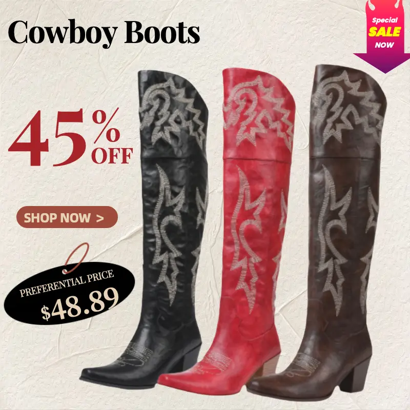 Women's Classic Western Cowboy Knee-High Boots - Flame Embroidery, PU Material, Thick Heel, Casual Style, Season-Long Wear, Shoe, Footwear, Party-Ready, Cowboy Aesthetic, Western Cowboy Boot