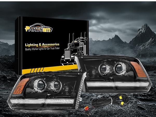 Partsam Full LED Projector Headlights for 2009-2018 Dodge Ram 1500 2500 3500 Upgrade Complete Assembly Black Housing IP67 Waterproof DOT Compliant