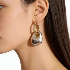 TikTok Viral Gold and Silver Mixed Metal Earrings for Women Textured Brushed Dangle Drop Hoop Earrings Minimalist Aesthetic Fashion Jewelry Y2K Trendy Accessory for Everyday Wear Gift for Girlfriend Mom Wife US Fast Shipping 2025 Trending Jewelry