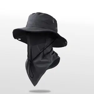 Outdoor climbing hat, fisherman hat, ice silk face mask, two-piece set, large brim sunshade, sun protection, travel denim hat