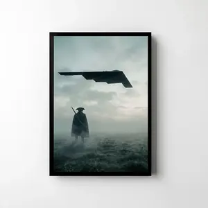 Stealth Bomber Over Patriot Soldier Poster, Military Aviation Wall Art, Vintage War Aesthetic Canvas Print, Man Cave Decor