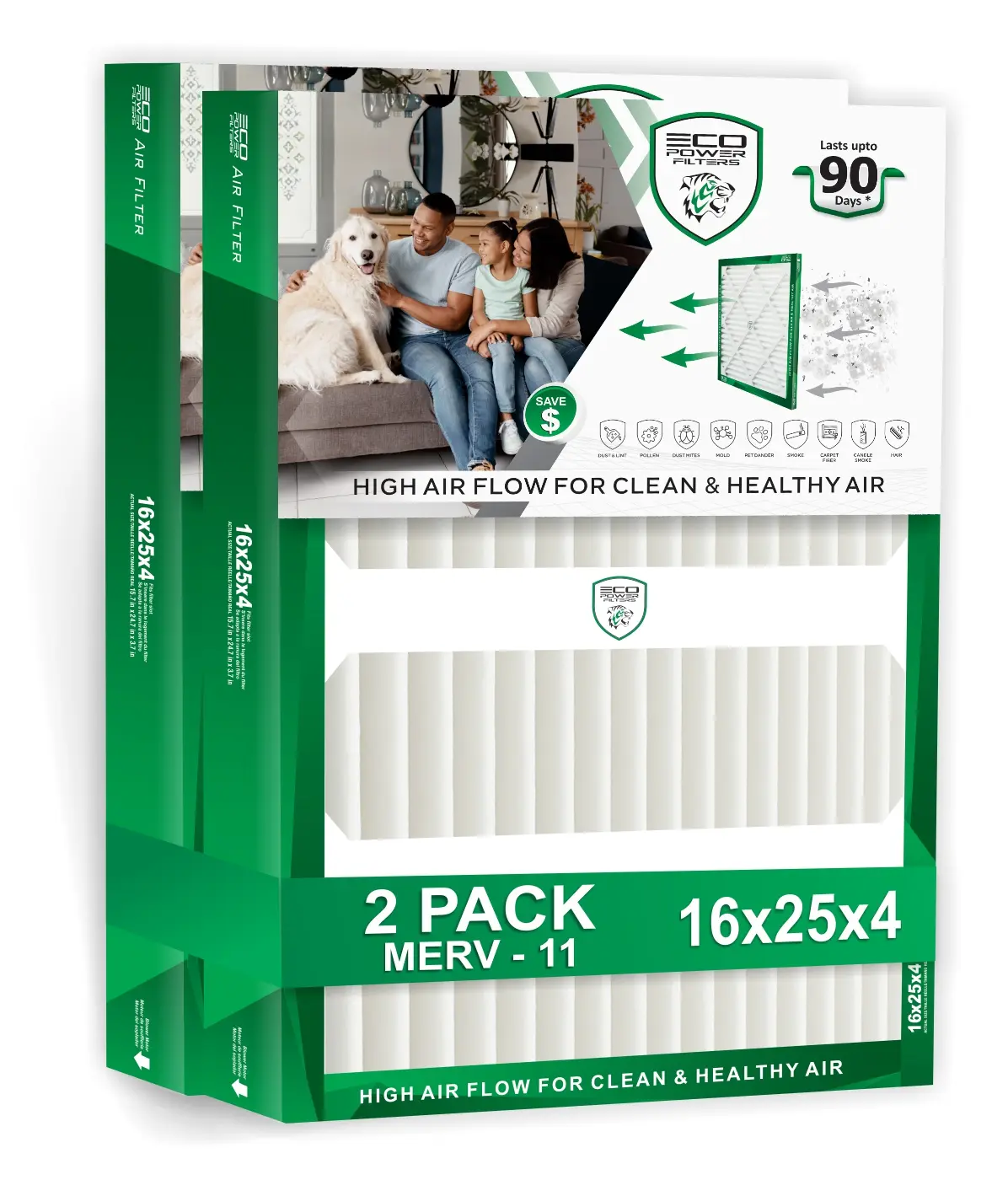 ECO POWER 16x25x4 (2 PACK) MERV 11 Pleated HVAC Air Filter – High Efficiency Furnace & AC Filter for Dust, Pollen & Pet Dander (Actual Size 15.75 x 24.75 x 3.75)
