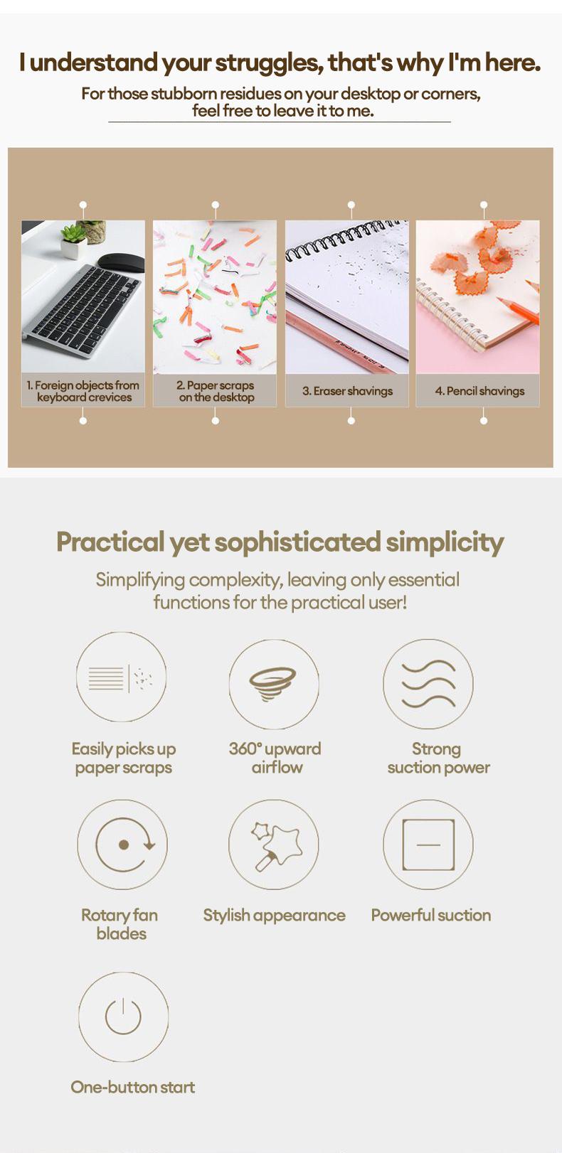 PAXA Desktop mini vacuum cleaner, equipped with a cleaning brush, with strong suction power and long-lasting battery life, suitable for desktop office use.