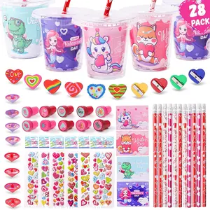 28 Pack Valentines Day Cards for Kids School Exchange, 224PCS Stationery Set with Cups Party Favors Valentines Day Goodie Bag Stuffers Boys Girls
