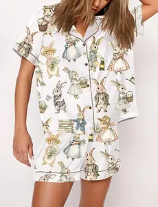 Pink Boho Easter Bunny Watercolor Cute Pajama Set For Women, Satin Pajama Martini Boho Easter Gifts Bunny For Fans, Sleepwear Pajama Rabbit