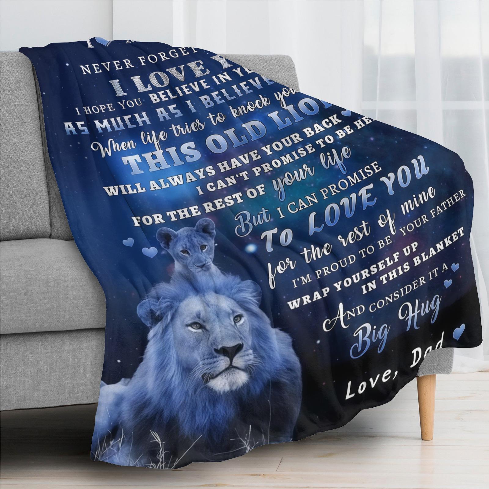 To My Son Dad's Lion Love Flannel Blanket Soft Cozy Gift Throw with Heartfelt Father Son Message & Lion Illustration Perfect for Gifting to Sons Snuggling Warmly or Wrapping in Dad's Forever Support & Affection