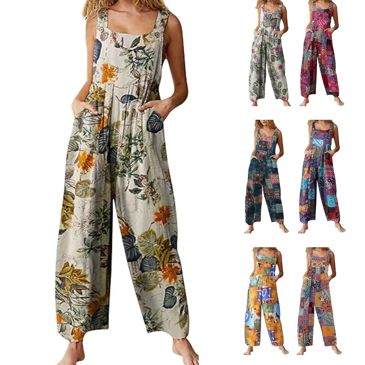 Molitree Overalls for Women Patchwork Dual Pocket Jumpsuit Loose Floral Print Wide Leg Bib Overall Springfresh Bohemian Printed