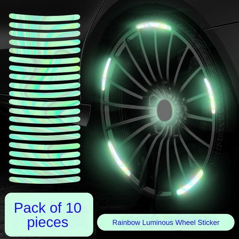 10-packs Car wheels reflective color laser glow-in-the-dark tire anti-collision stickers personalized creative motorcycle electric car colorful stickers Luminous Wheel Hub Reflective Strips