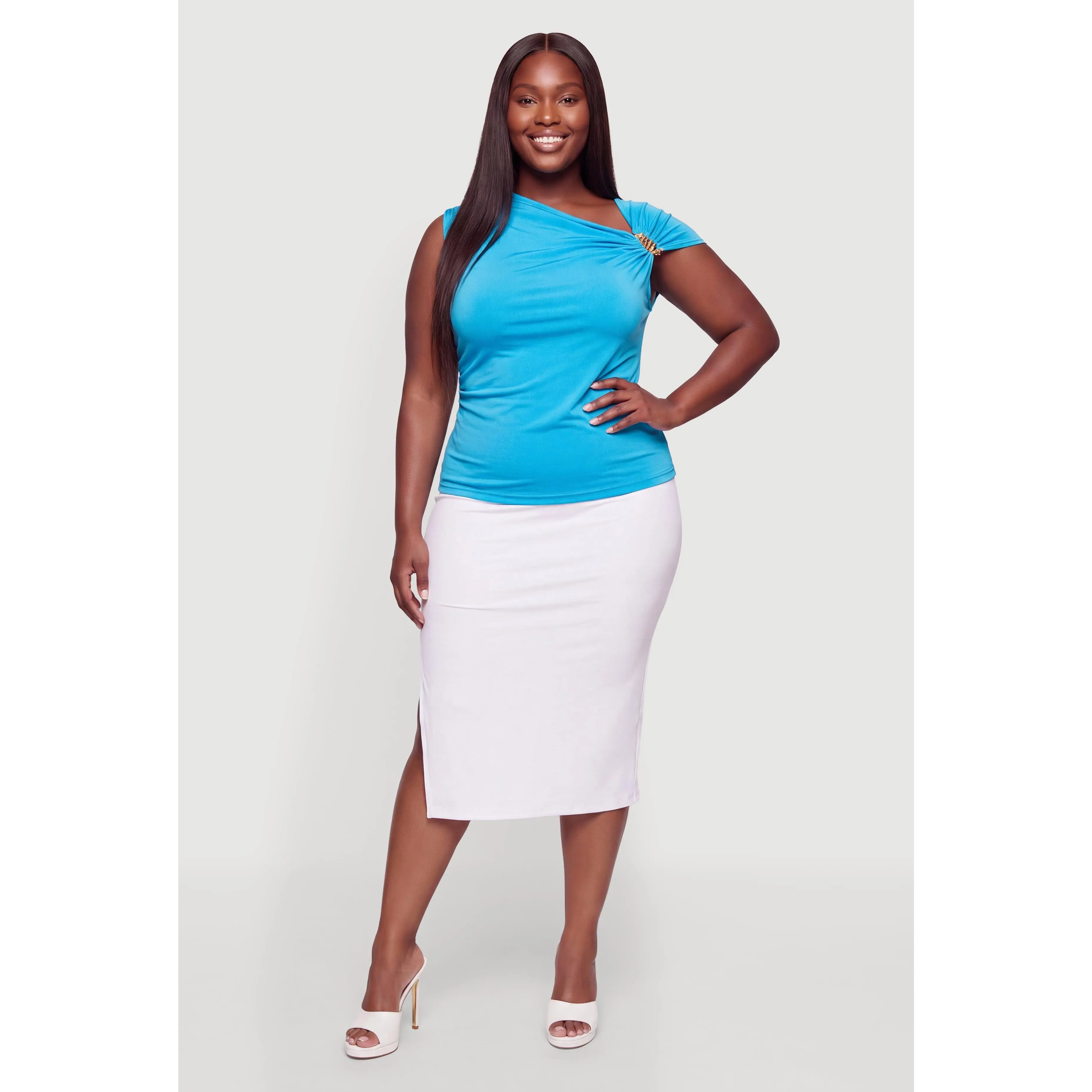 Plus Size Ruched Asymmetric Metallic Detail Top