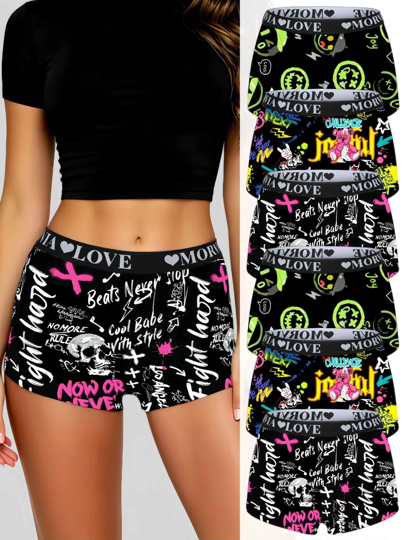 6 Pcs Rock Graffiti Print Women's Boxer Shorts, Elastic Waistband, All-Season Casual Underwear, Festival Style, Bottom