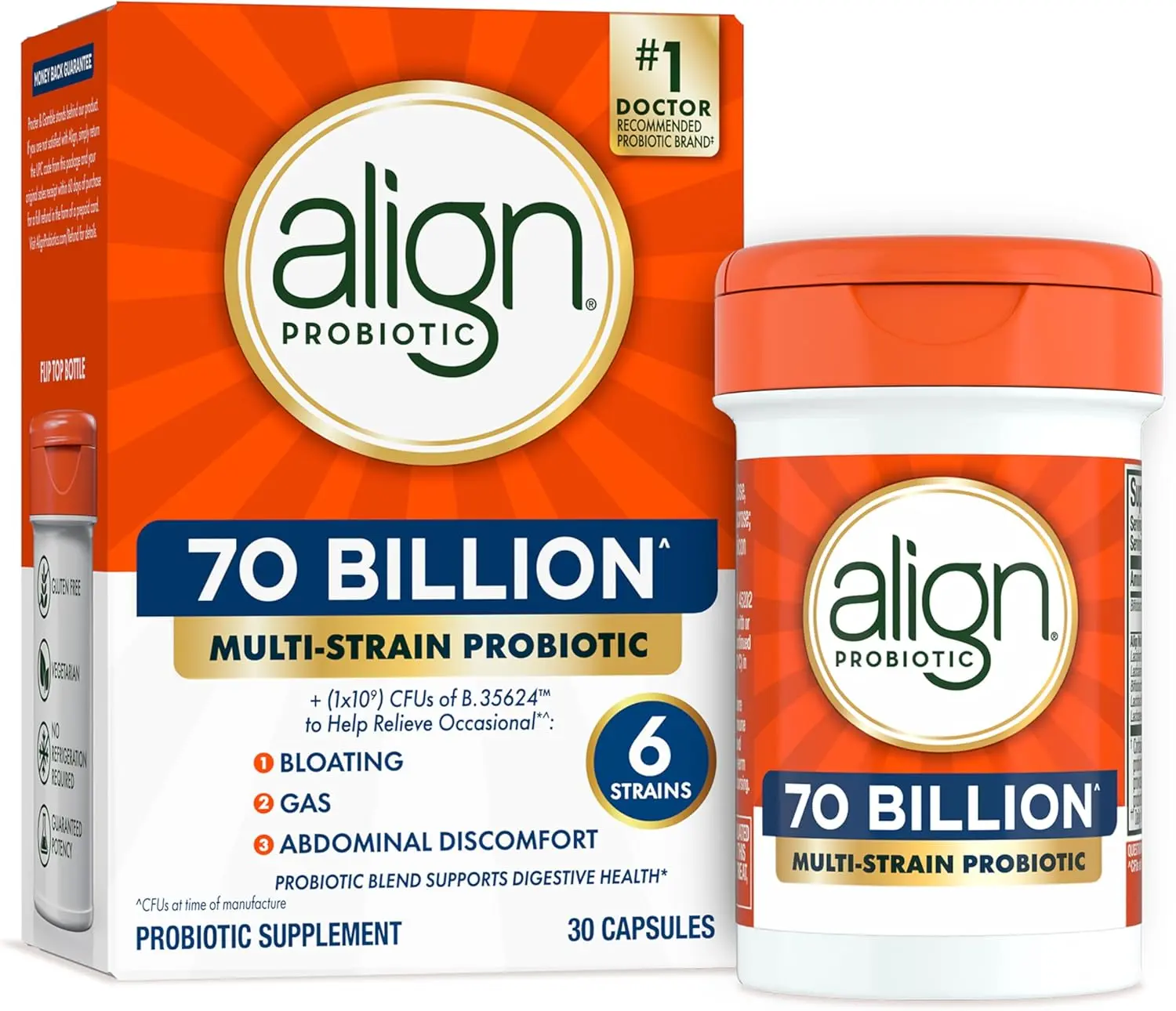 Align Probiotic 70 Billion CFU, 6 Strain Blend, Probiotics for Women and Men, Daily Probiotics for Digestive Health support, Helps Relieve Occasional Bloating & Gas 30 Capsules Dietary Healthcare Supplement