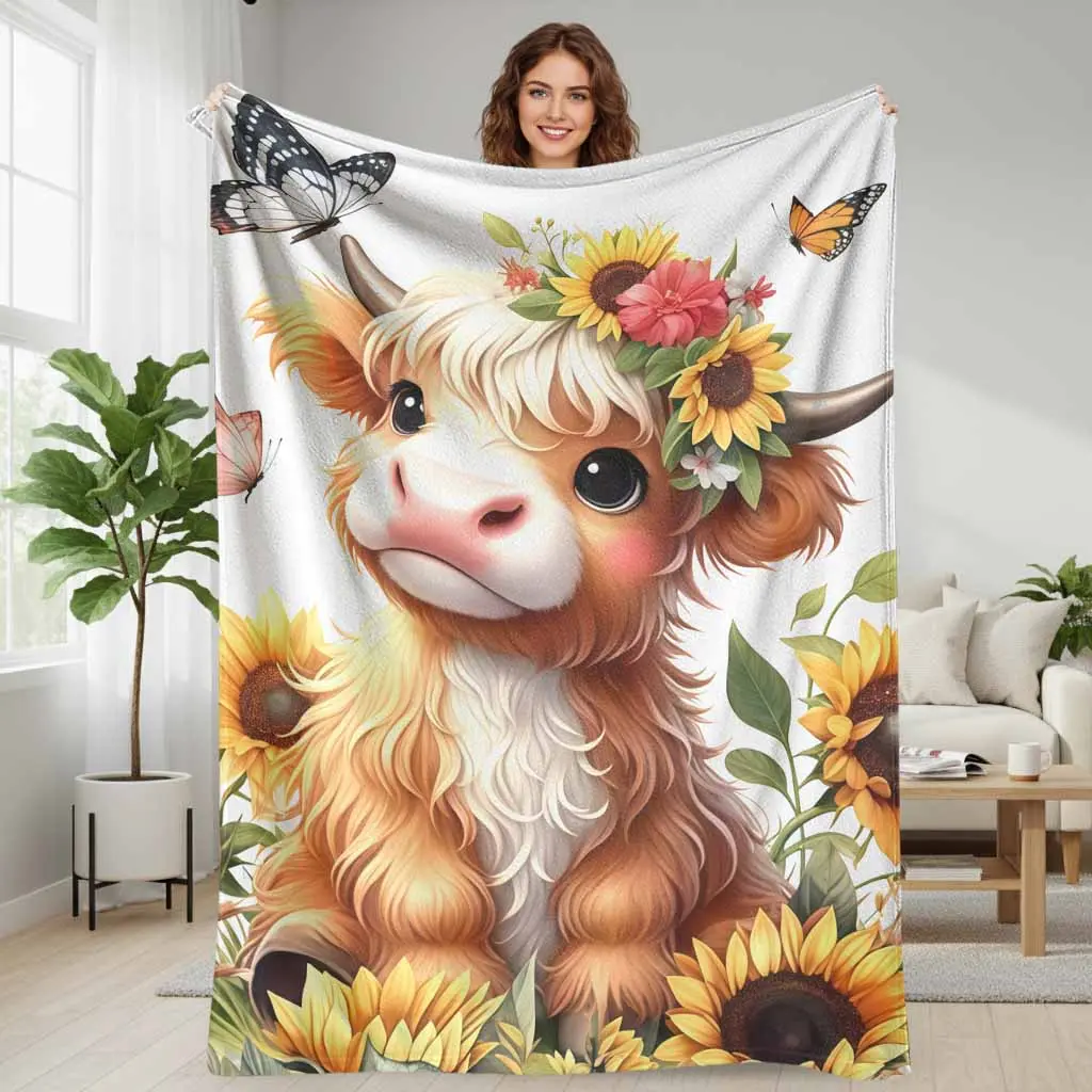 Highland Cow Flannel Blanket - Cute Calf & Sunflower Print with Butterfly Detail, Cozy Aesthetic, Warm Aesthetic, Wrinkle Resistant 60×80 XL Bed Cover, Ultra Soft Decorative Throw for Sofa, Bedroom, Farmhouse Décor Gifts