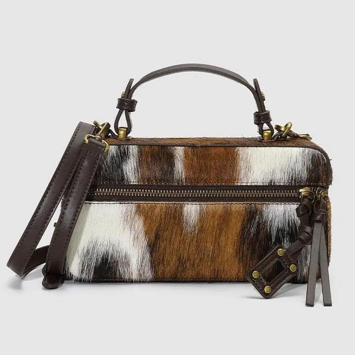 URBAN REVIVO Women's Cow Print Calf Hair Box Bag, Vintage Fluffy Crossbody Shoulder Purse with Top Handle for Everyday Use, Casual Shoulder Bag, Cow Pattern, Textile Liner, Synthetic, Alternative Fashion Women's Handbags, Soft Plush Grip, Plush Touch Shel