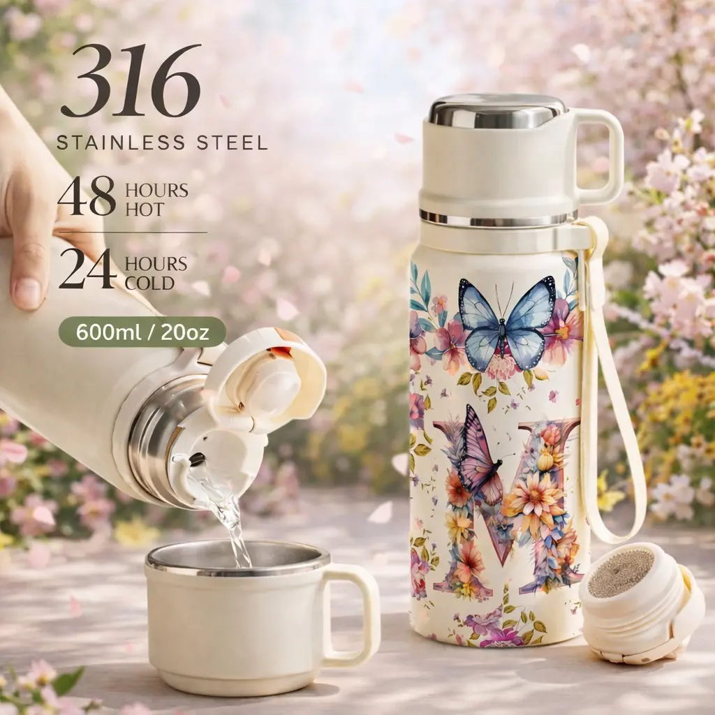 1Pc 600ml insulated mug, Vacuum Insulated Drinkware, double wall vacuum thermal cup, Leakproof Tumbler, 12h hot, 24h cold, leak proof lid, stainless steel, butterfly floral print, personalized initial design, Travel Mugs Insulated for Hot and Cold