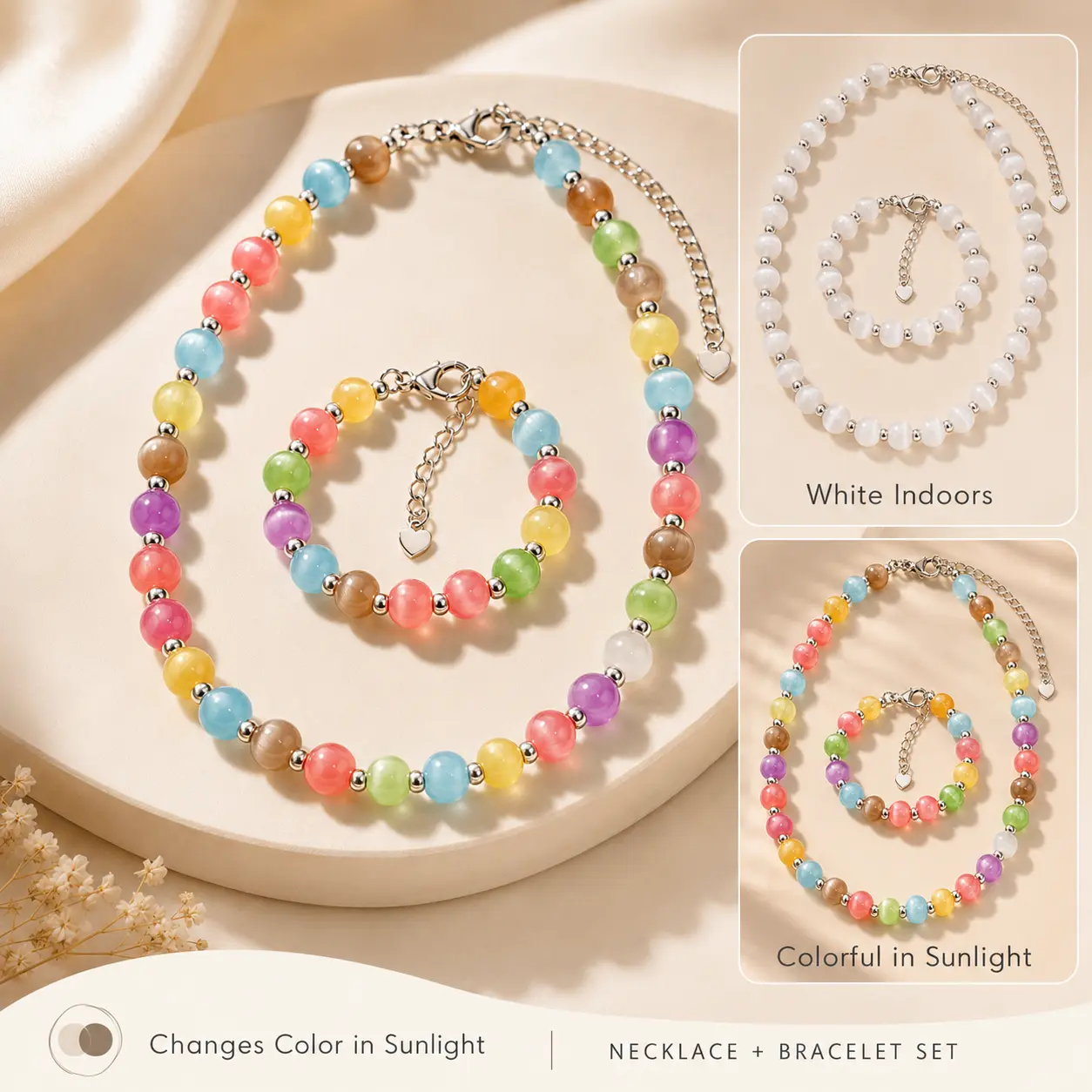 2 Piece Beaded Necklace and Bracelet Set for Women, Rainbow Choker that Changes Color in Sunlight, Waterproof Hypoallergenic Summer Jewelry, 2 Piece Sets, Bracelets For Women, Beaded Necklaces, Accessories, Best Friends, Colorful Beads Necklaces