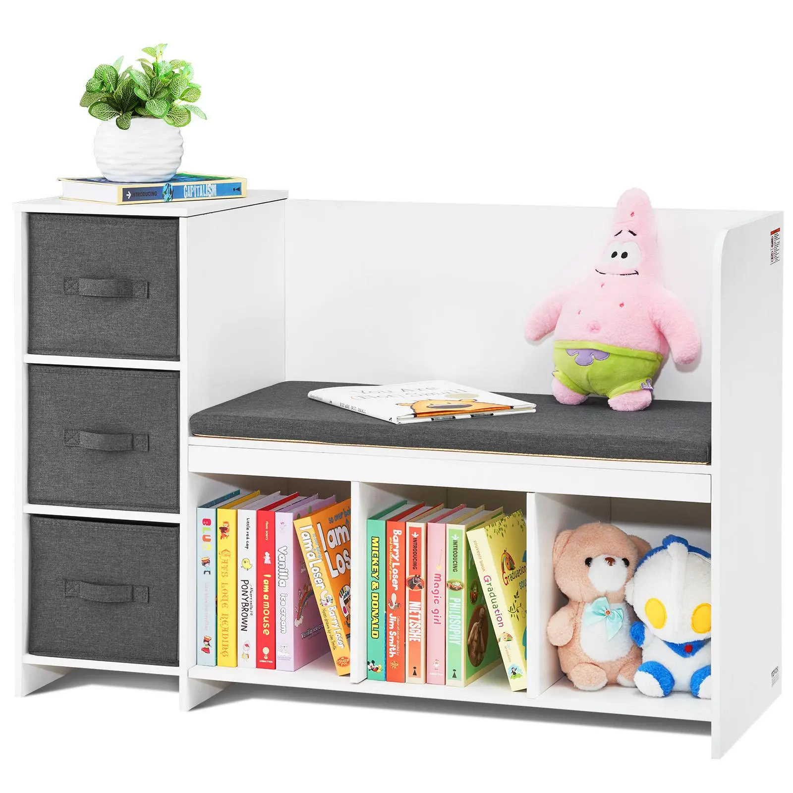 【SummerFinds】VEVOR Kids Reading Nook Bench,  , Toddler Bookshelf and Bookcase with Detachable Seat Cushion, 6-Cubby Storage Organizer Bench with 3 Drawers, Ideal for Playroom, Bedroom, Living Room or Entryway, White