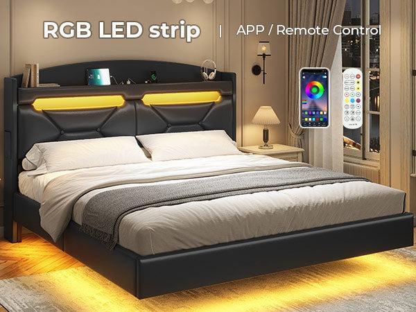 Sikaic RGB LED Floating Platform Bed Frame with Type-C Charging Station & Secret Storage Headboard PU Black Modern Bedroom Furniture