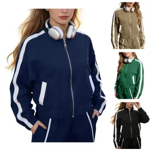 Women's Long Sleeve Sports Jacket Lightweight Track Zip-Up Cropped Sport Jackets Gym Workout Tops Side Stripes for Travel Lounge