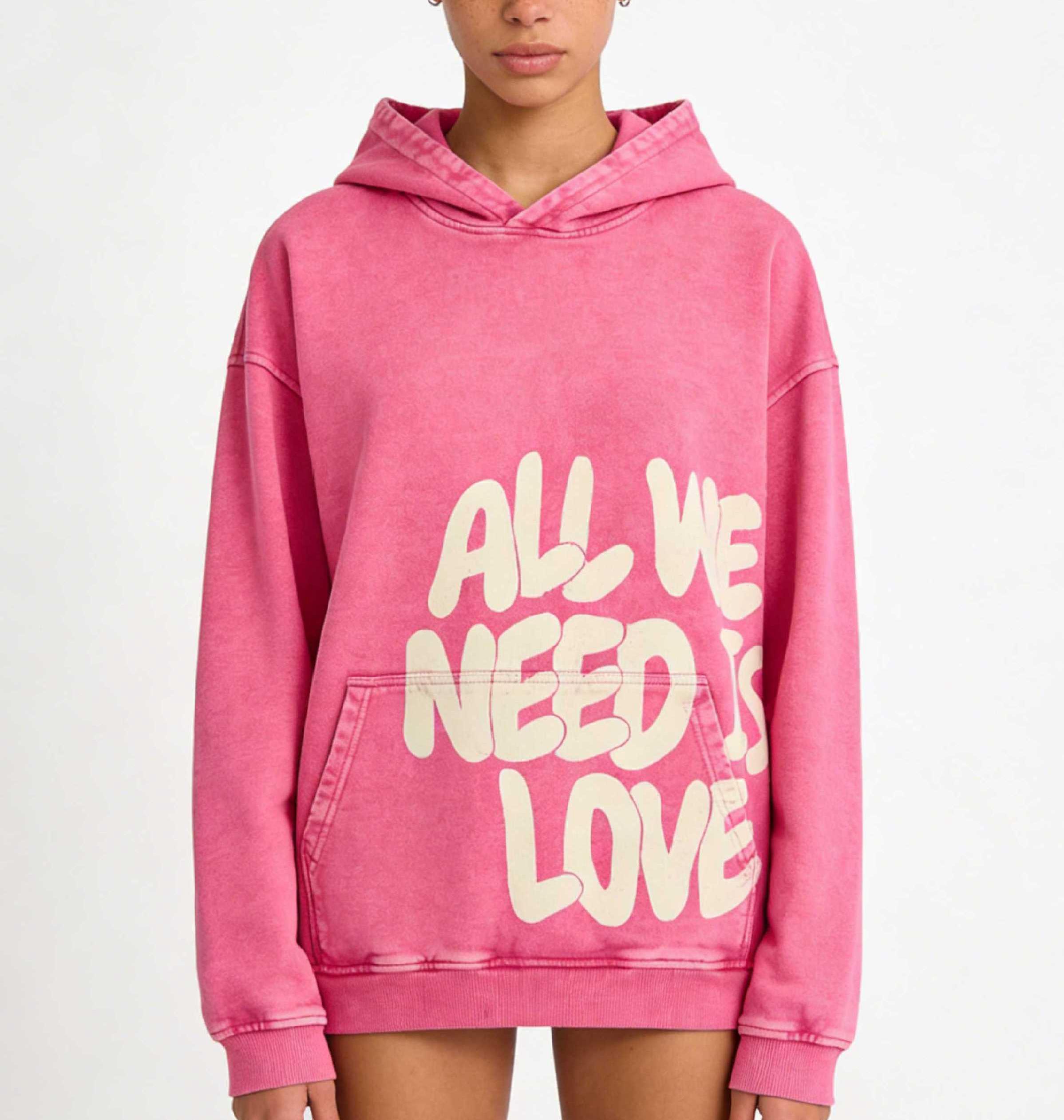 Sopula Studio Mens & Womens Tops All We Need Is Love Graphic Pink Vintage Washed Casual Pullover Cotton Hoodie