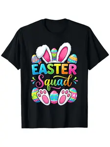 Matching Family Easter Bunny & Egg Squad T-Shirt - Loose Fit Round Neck Casual Role Costume with Bunny & Egg Patterns, Slogan for Easter Egg Hunt Outfits, Themed Apparel  A311
