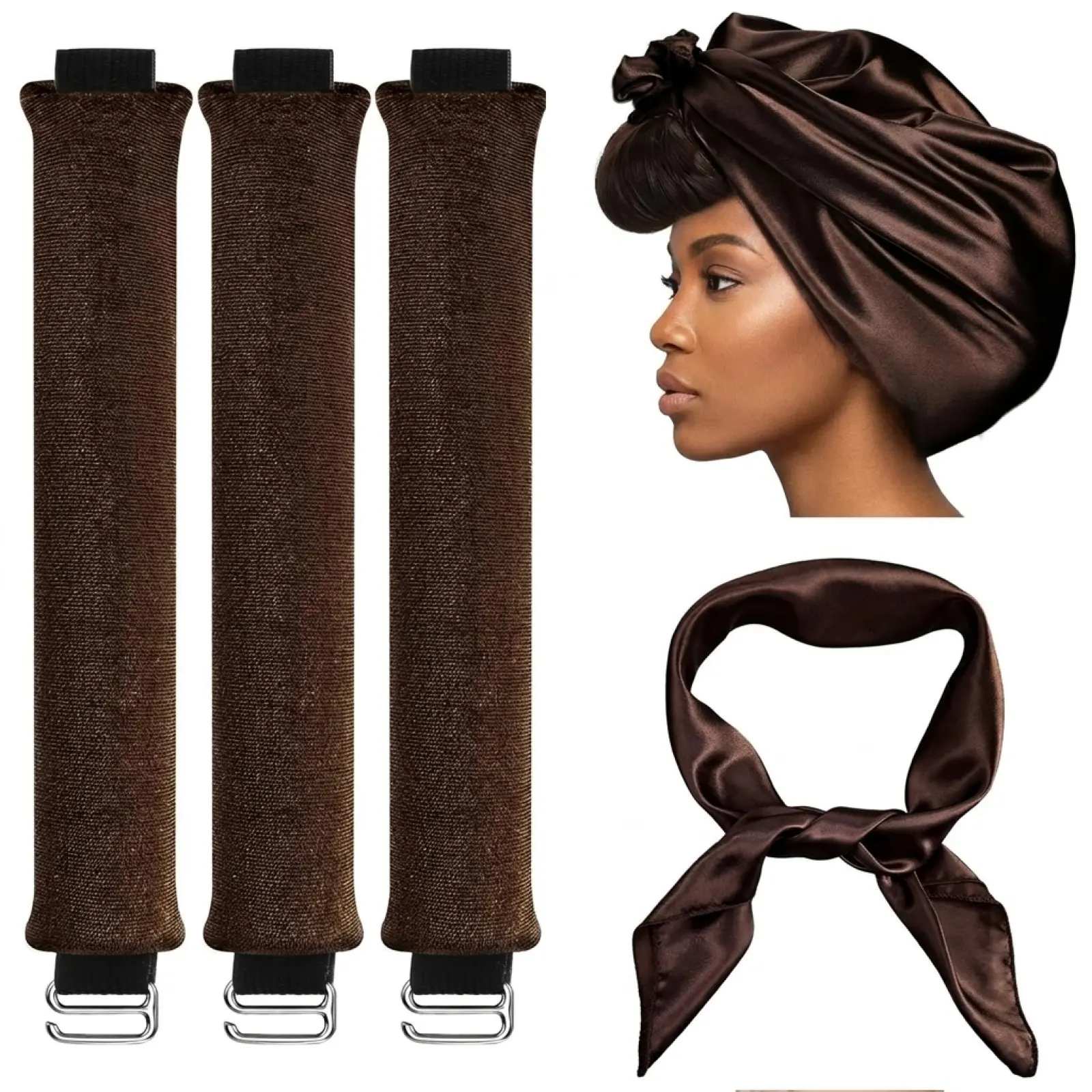 Effortless Heatless Curls 4Pcs Kit – 3 Curling Rods, Silk Scarf, Velvet Headband for Daily & Summer Use