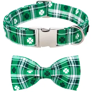 Lionet Paws St Patrick's Day Dog Collar with Bow Tie, Adjustable & Comfortable Cotton Collar with Metal Buckle for Small, Medium & Large Dogs