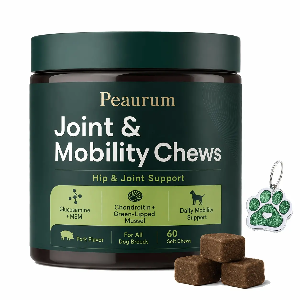 PEAURUM Joint & Mobility Chews for Dogs with Pet Paw Tag, 60 Pork-Flavored Soft Chews with Glucosamine, MSM, Chondroitin & Green-Lipped Mussel, Daily Hip & Joint Support for All Breeds