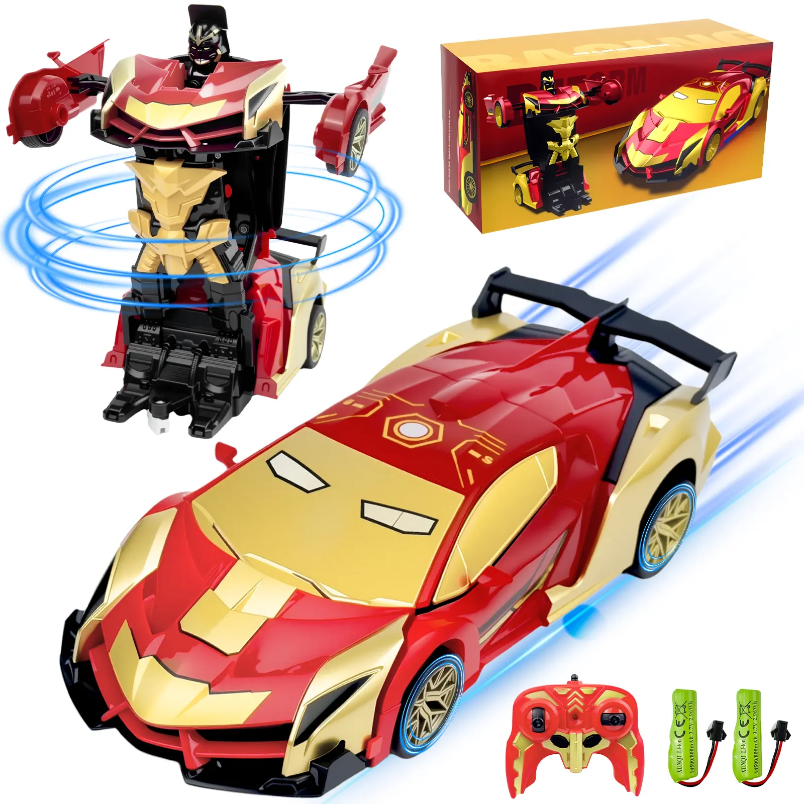 Remote Control Iron Man Car Toy for Boys, 2.4Ghz RC Transform Robot Toy, 1:18 Scale One-Button Deformation 360°Rotation Remote control Car with Underbody Lights, Gifts for Boys Age 3 4 5 6 7 8 9 10 11 12