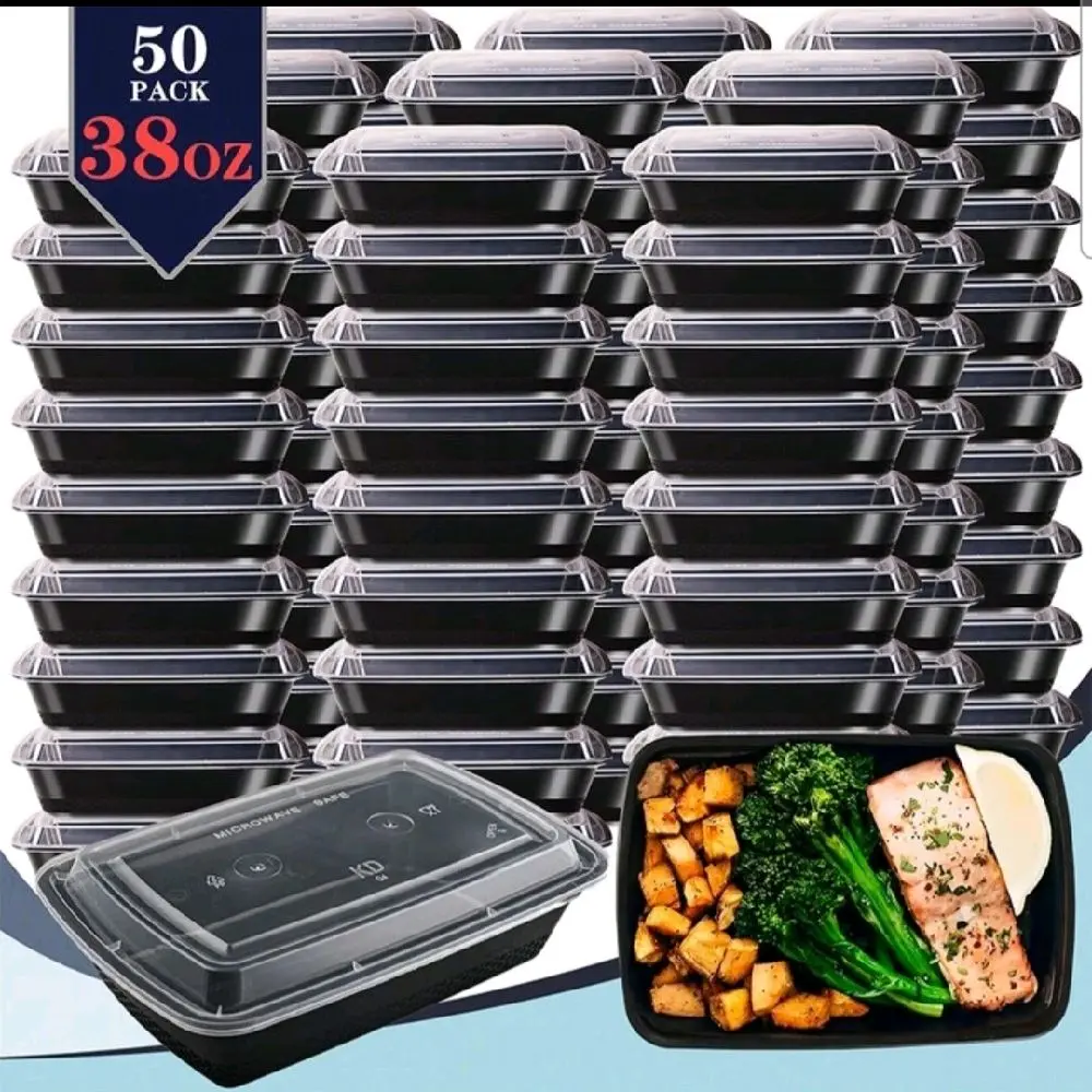 GXDOX 38oz 50 Pack Black Rectangular Meal Prep Containers With Lids, Food Storage Container, Disposable Plastic To Go Containers, Bento Box, Stackable, Leak-Proof, MicrowaveSafe, DishwasherSafe, Kitchen Organizers And Storage