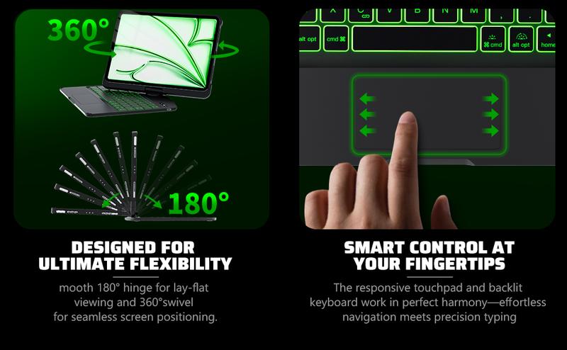 Timeless Black Keyboard Case for iPad Pro 11/13-inch , Transparent Cyberpunk Shell, 360° Rotating Multi-Touch Trackpad, 7-Color Backlit Keyboard, Pencil Holder, Type-C Charging, Magnetic