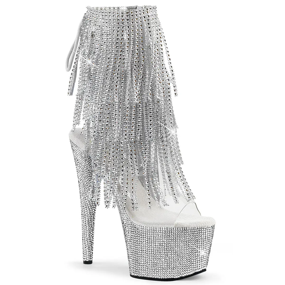 Women's Bejeweled Open Toe Ankle Boot Footwear - 7 in Platform Block Heel Dress Boot, Lace Accent, Clear/Silver Simulated Stone Statement Shoes - 1017RSF-7