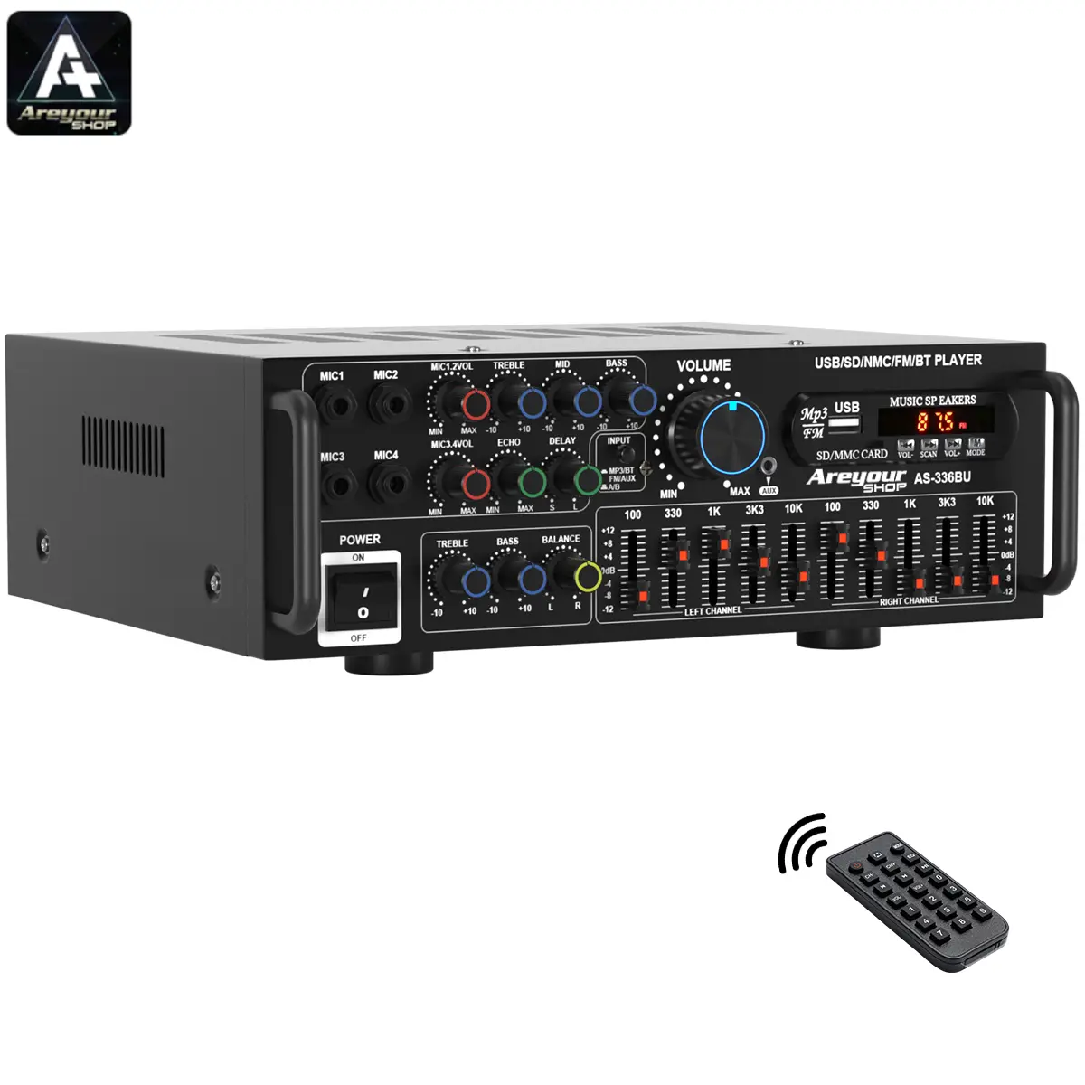 Areyourshop 2000W Peak Bluetooth 5.0 HiFi Stereo Receiver Signal Amplifier - 5-Band EQ Live Audio Mixer, 4 Mic Inputs, FM, USB, SD, AUX, Remote Control for Home, Karaoke, Subwoofer