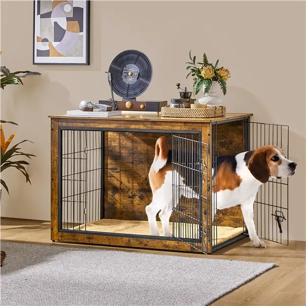Yaheetech 27.5″L/32″L/38″L/40″L Dog Crate Furniture For Dogs, Rustic Industrial Multi-functional Wooden Dog Kennel with Anti-skid Plush Mat