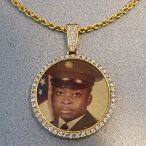 XL 68mm Round Gold Memory Pendant Necklace for Men Women & Kids Customizable Photo Jewelry Gold Plated with Cubic Zirconia Hip Hop Fashion