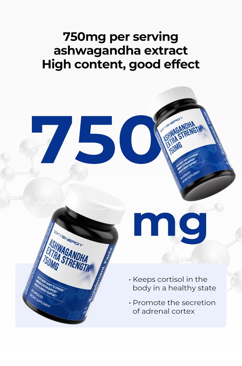 Oxyenergy Ashwagandha,for Cortisol Balance,Mood,Stress and Energy Support,750mg High Potency Extra Strength,60 capsules/bottle Fitness