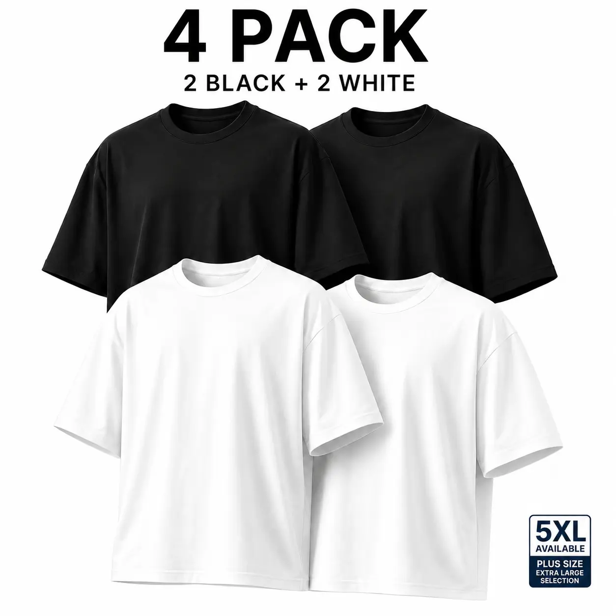 Men's 4-Pack Plain High-Cotton T-Shirts (2 Black 2 White), Shortsleeve Round Neck Casual Tops, Foldable Oversize Plus Size, Loose-Fit, Oversized Cut, Unisex Retro