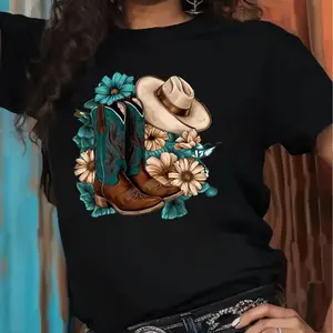 Western Cowboy Boot & Hat Graphic T-Shirt Women's S-3XL  Cotton Crew Neck Top Casual Soft Comfy Breathable Tee for Daily Wear