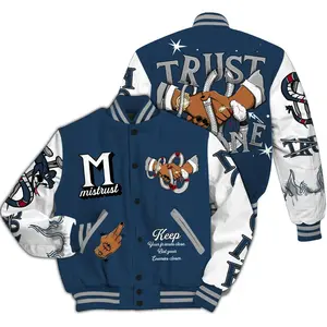 Varsity Jacket To Match Retro French Blue 2025 12s Trust No One Snake-Bite Street Style All Over Print High-Grade Polyester Custom Baseball Jacket with Snap Closure & Elastic Details for Casual Wear