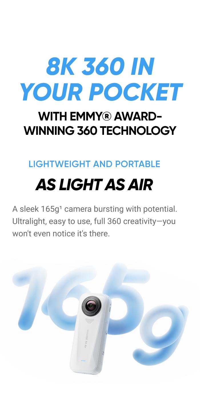 Insta360 X4 Air - Lightweight 165g 8K 360 Camera, Invisible Selfie Stick Effect, Replaceable Lenses, Shoot First & Frame Later, Built-in Wind Guard, FlowState Stabilization, AI-Powered App