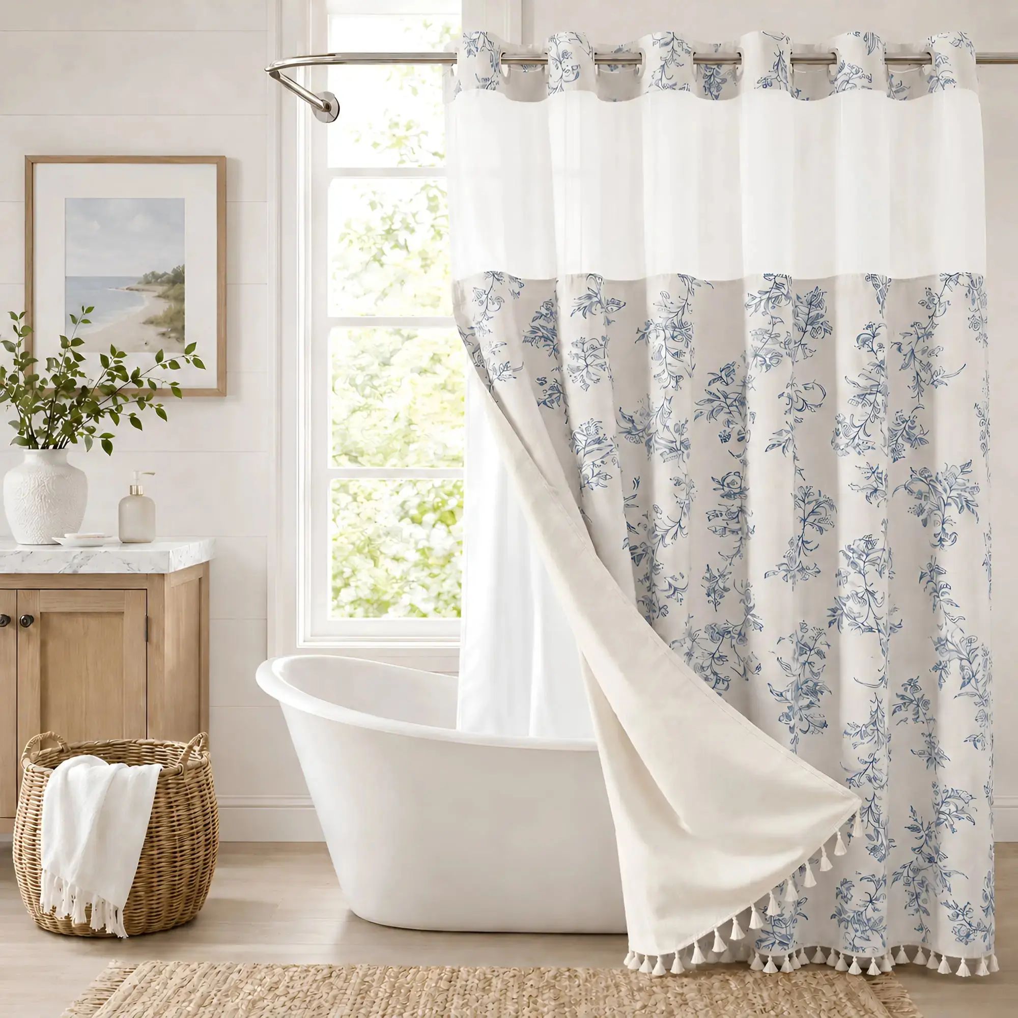 Bule No-Hook Floral Faux Cotton Linen Shower Curtain with Snap-in Fabric Liner Set, Tassels & Sheer Window, Washable White Outer Cloth, Modern Bathroom Accessory for Home/Hotel/Salon/Dorm, 72x75 Inch